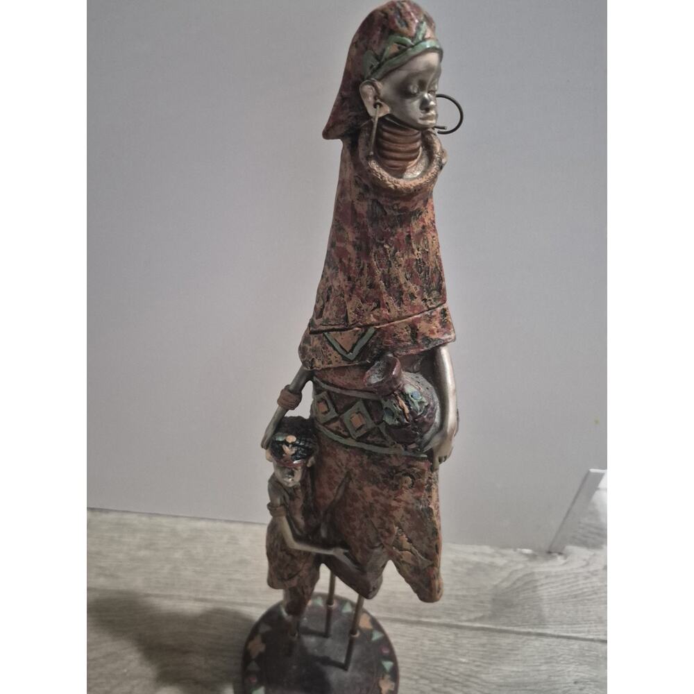 Turtle King Corp 15 Inch Tall African Lady with Boy and Vase Statue Sculpture